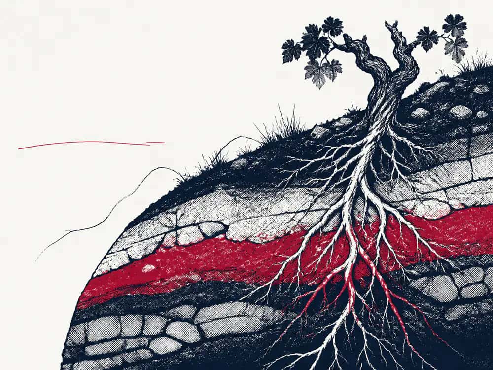 A printed cutaway of the Beaujolais hills, roots and soils