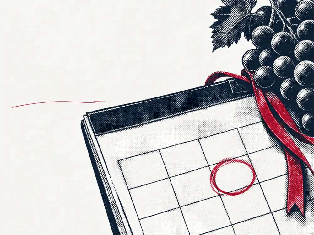 A printed calendar composition with grapes and a marked date