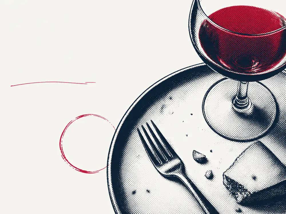 A printed table setting with wine, cheese and a plate